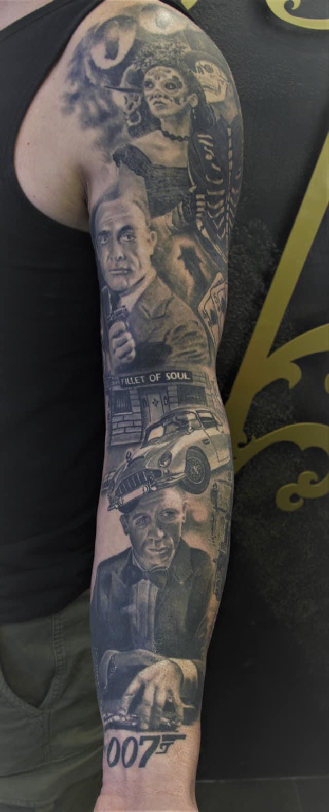 James Bond 007 realisztikus teljes karos sleeve tetoválás