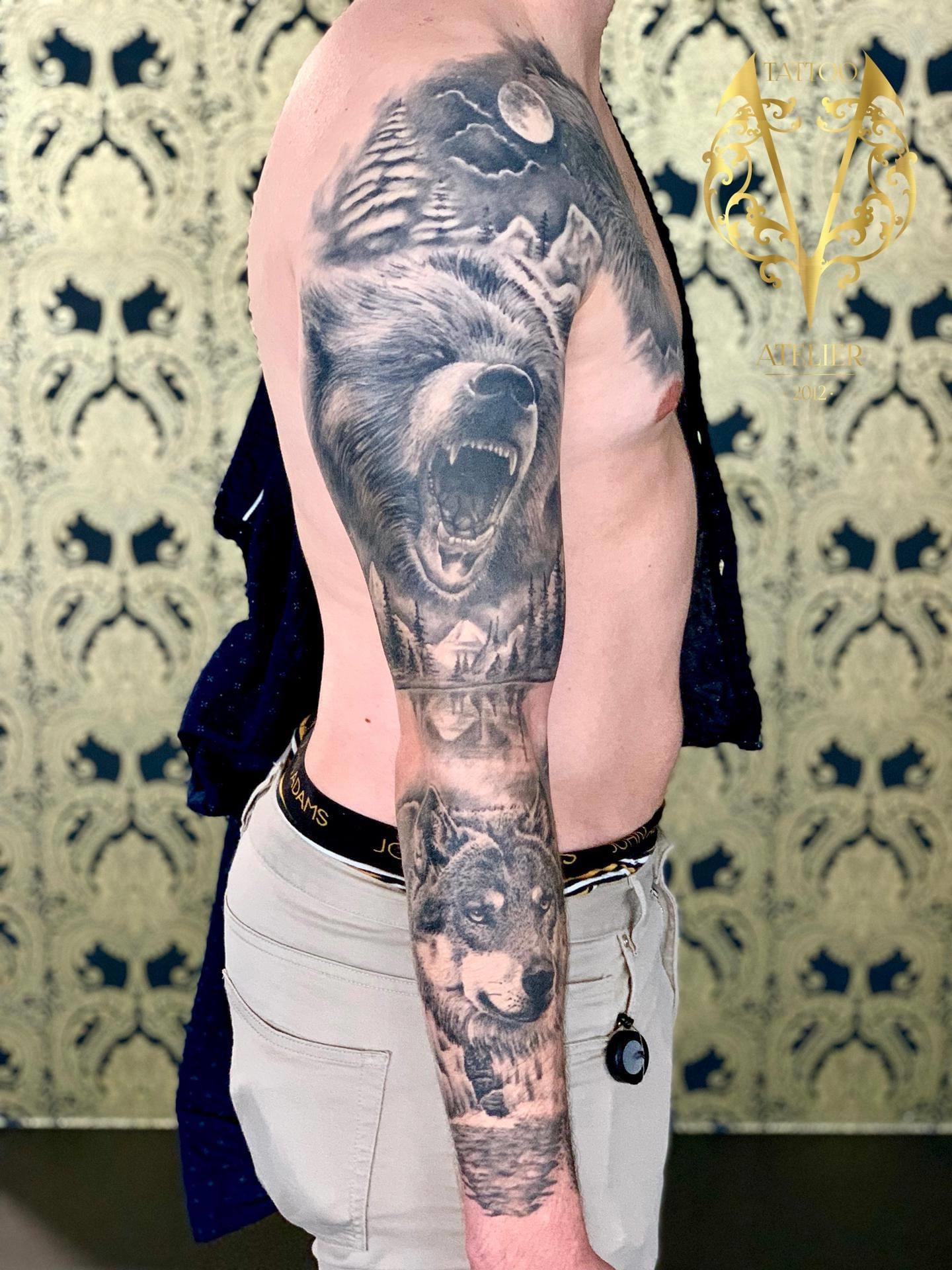 Medve és farkas erdei tájképes teljes karos sleeve